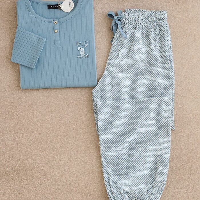 Pyjama Femme Haute Qualité "Ciel d'Azur" – Ensemble Côtelé Bleu & Pantalon Jogger – Image 5