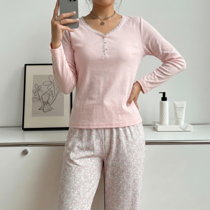 Pyjama Haute Qualité "Douceur Florale" – Ensemble Cocooning Rose Poudré & Dentelle – Image 3