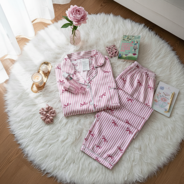 Ensemble Pyjama "Candy Stripe" – Chemise Rayée & Petits Nœuds – Image 4