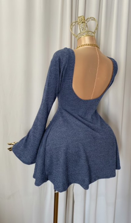 Robe intérieur femme bleu gris acier en maille coupe patineuse et manches évasées - Tenue homewear douce livraison Algérie