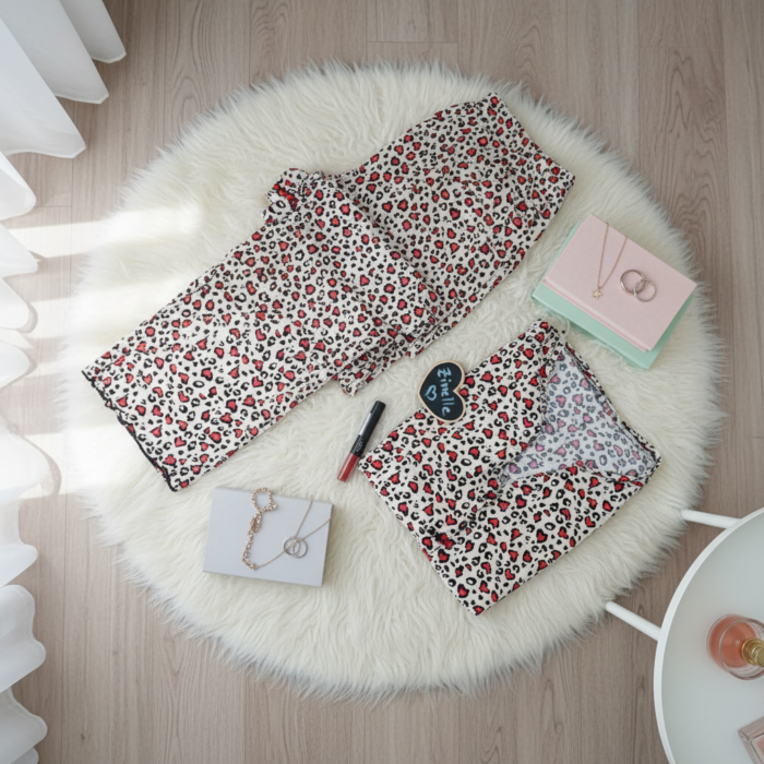 Ensemble Pyjama "Love Print" – Blanc à Motifs Cœurs & Léopard – Image 6