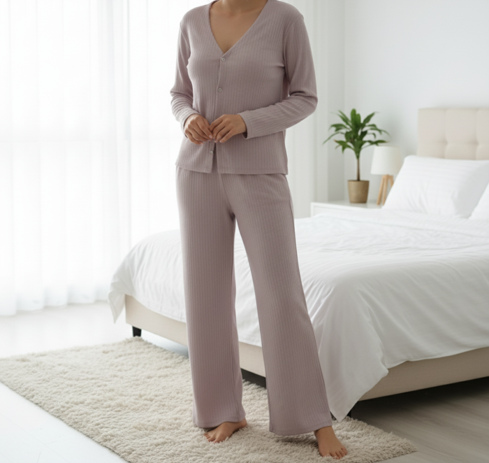 Ensemble Pyjama "Lilac Softness" – Mauve Poudré & Maille Texturée – Image 3