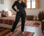Pyjama "Black Bows" – Côtelé Noir & Petits Nœuds Blancs