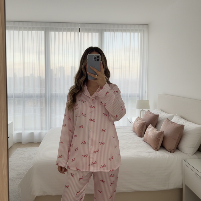 Ensemble Pyjama "Candy Stripe" – Chemise Rayée & Petits Nœuds – Image 2