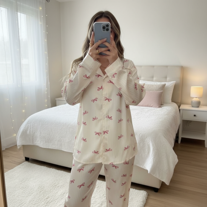 Ensemble Satin "Bridal Bows" – Chemise Rayée & Nœuds Roses – Image 4