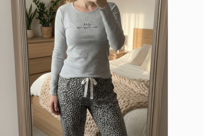 Pyjama pour femmes "Wild Grey" – Haut Côtelé & Pantalon Léopard – Image 4