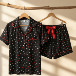 Pyjama femme noir à imprimé cœurs – Élégance & confort – Image 2