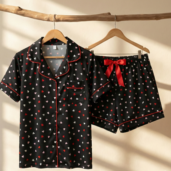 Pyjama femme noir à imprimé cœurs – Élégance & confort – Image 2