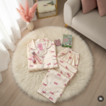 Ensemble pyjama satin femme rayé crème et blanc avec noeuds roses - Tenue nuit trousseau mariée livraison Algérie