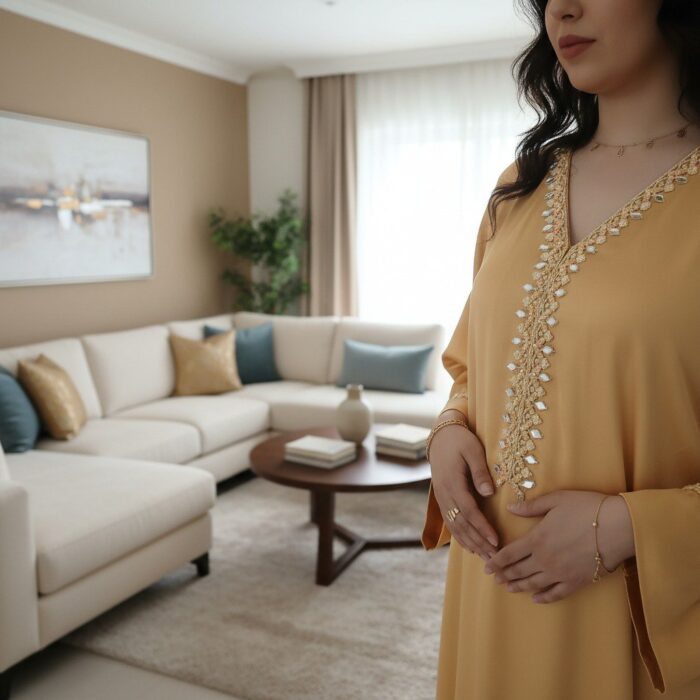 Robe d'hôtesse moutarde avec perlage fait à la main ✨️ qualité premium – Image 3