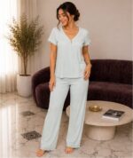 Ensemble Loungewear vert d'eau– 2 Pièces Côtelé avec Dentelle – TRESS