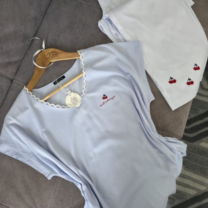 Pyjama été femme coton bleu ciel dentelle - TRESS – Image 2